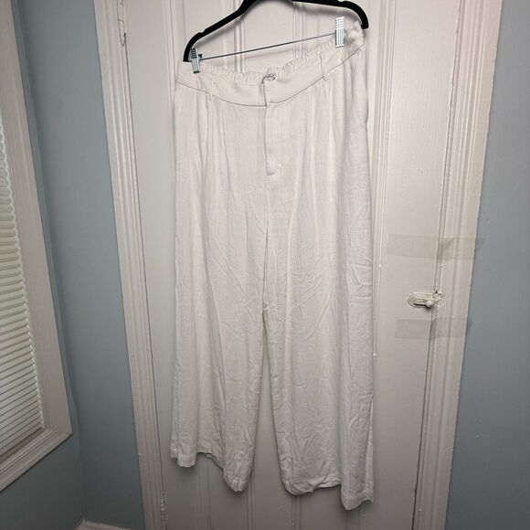 White Linen Wide Leg Pants Womens XL Petite Zip Fly High Rise Beach Pool Resort - Picture 1 of 8